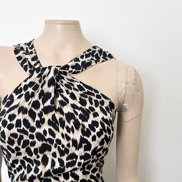 [Gigi Parker] Leopard Animal Print Twisted High Neck Knot Halter Midi Dress XL - Picture 5 of 10